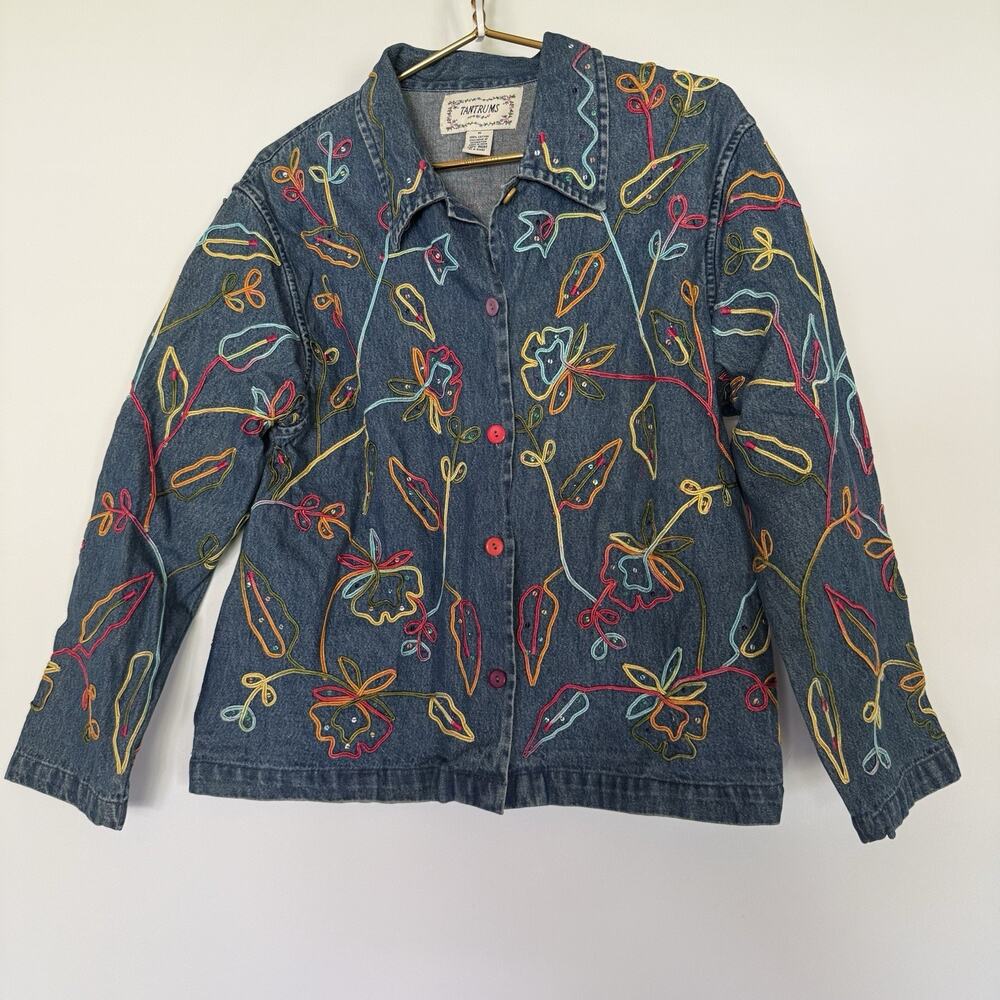 Vintage Tantrums Embroidered Denim Jacket Floral Boho Cottagecore Women’s M